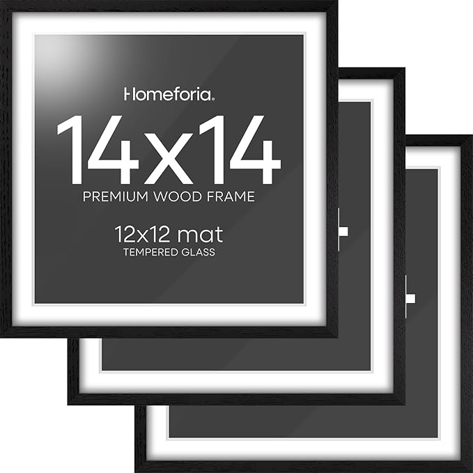 Homeforia 14x14 Black Wood Frame, High End Oak 14 x 14 Square Picture Frames with Mat 12 by 12 inches Photo, 14by14 Black Wooden Poster Frames Matted to 12x12 Print, Tempered Glass, Wall Kit, Set of 3