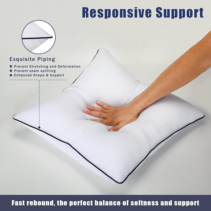 Throw Pillow Inserts Set of 2-Fluffy Square Cushions with 100% Cotton Covers-Decorative White Pillow Fillers for Sofa, Bed, Couch, Living Room, Indoor Hotel Pillows (22x22 Inch (Pack of 2)-Blue Edge)