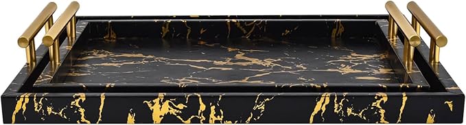 Modern Decorative Tray Set of 2 - Black and Gold Marble Wood Serving Tray with Gold Polished Metal Handles for Ottoman, Coffee Table, and More