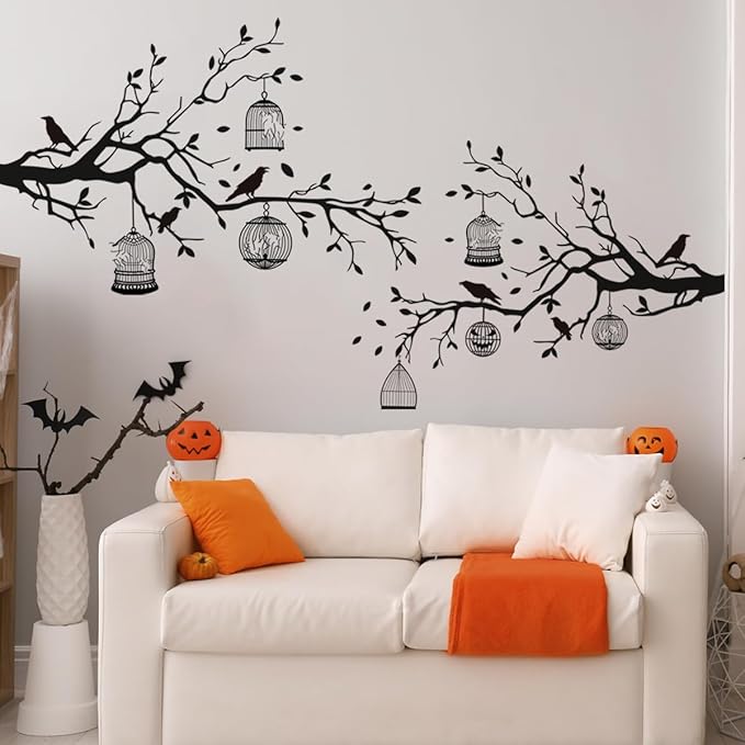 2 Sheets Halloween Gothic Wall Decals - Removable Raven Stickers, Black Crow Cage Decorations, Double Sided Design PVC Art Decal for Living Room Decor