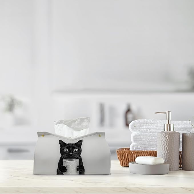 Cute Black Cat Leather Tissue Box Cover for Bathroom Decor,Fun Cat Toilet Paper Box Holder,Funny Decorative Facial Paper Case for Living Room Bathroom Office Desk,9.8x5.9x5.9In