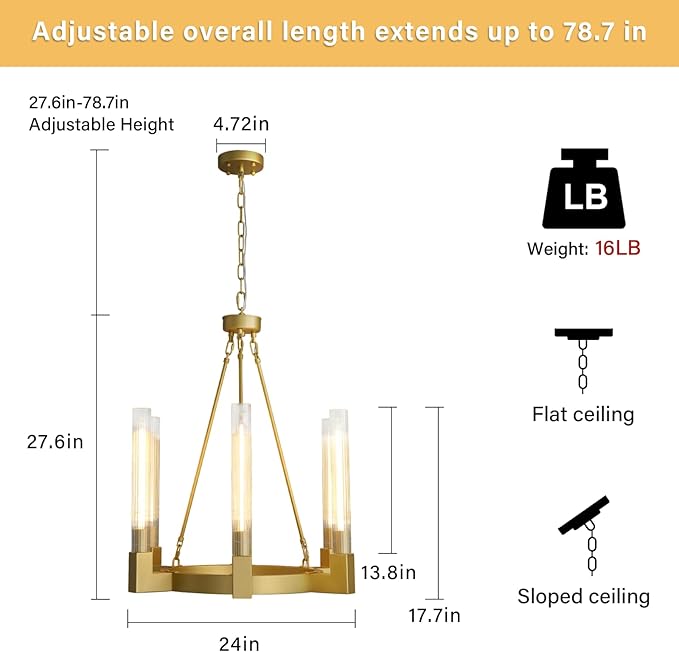 Gold Farmhouse Wagon Wheel Chandelier with Glass Tube, 23.6 Inch Large Round 6-Light Luxurious Chandelier Fixture Ceiling Pendant Lighting for Living Room, Dining Room, Bedroom, Foyer