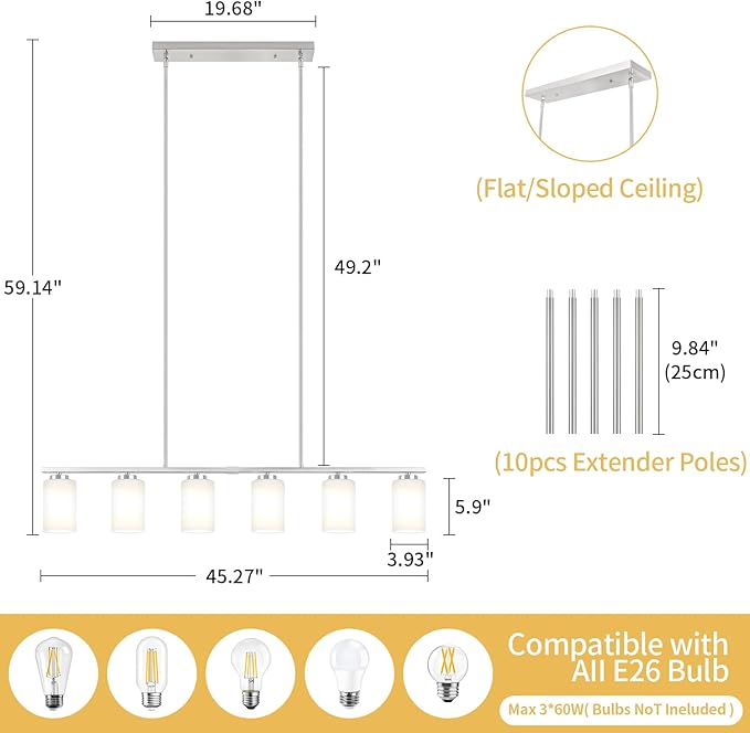 6-Light Kitchen Island Lighting, Brushed Nickel Dining Room Light Fixtures Over Table, Modern Farmhouse Chandeliers with Milky Glass Shade Pendant Light for Dining Room Kitchen Island