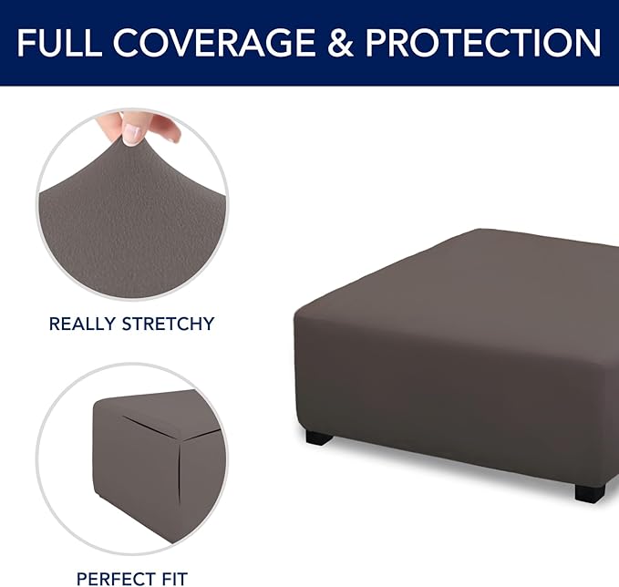 PureFit Super Stretch Form Fit Square Ottoman Cover Rectangle - Ottoman Slipcovers for Foot Stool & Folding Storage Furniture for Living Room with Nonslip Elastic Bottom (Medium-XL, Taupe)