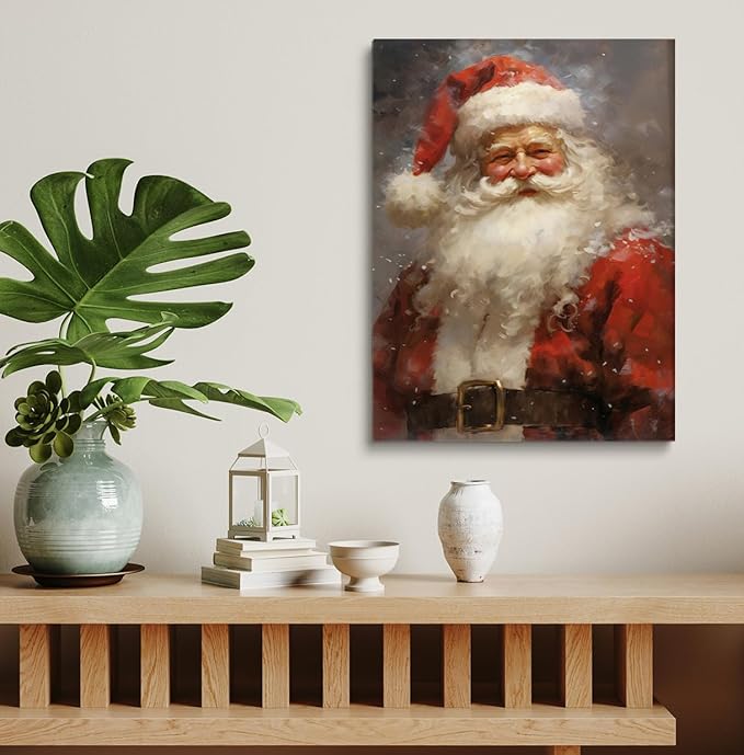 Vintage Santa Portrait Painting - Christmas Wall Art, Holiday Decor, Rustic Print for Living Room, Bedroom, Office - 24x36 Inch Unframed