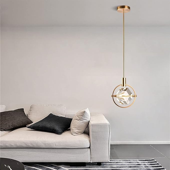 Crystal Pendant Light Fixture, Modern Dimmable Pendant Kitchen Island Light, Matte Brass Small Chandelier Hanging Lighting with Cube Pendant for Dining Room Bedroom Bathroom