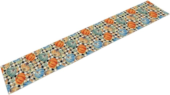 Fall Pumpkin Table Runner Black White Plaid Maple Leaves Watercolor Illustration Rustic Thanksgiving Home Decor for Farmhouse Indoor Outdoor Party Holiday Dining Kitchen Restaurant Cafe W13xL120in