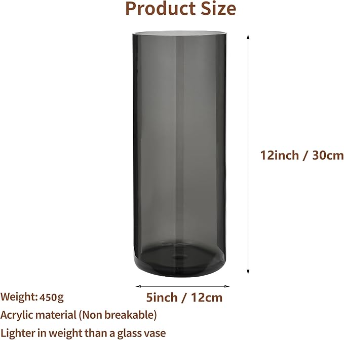 Flower Vase, Non-breakable Vases, 5" W x 12" H, Acrylic Grey Vase, Aesthetic Room Decor Cylindrical Modern Flower Vases for Table Centerpiece, Home Decor, Women Floral Arrangement Gift