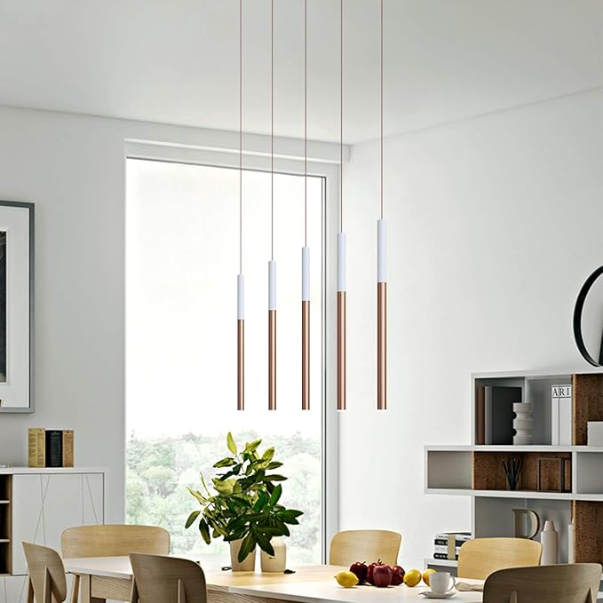 ALTAIR 5 Mini Pendant Lighting White-Copper - LED Hanging Light Fixture for Kitchen Island, Bar, Foyer - Cluster Pendants - Dimmable, Adjustable Wire, Lamp Bulb Included