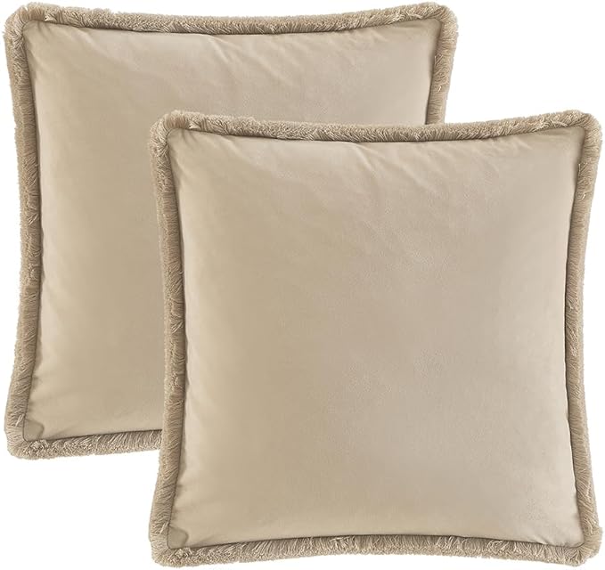 JUSPURBET Champagne Decorative Velvet Fringe Throw Pillow Covers 20x20 Set of 2 Boho Soft Cushion Case for Home Decor Living Room Couch Sofa Bed