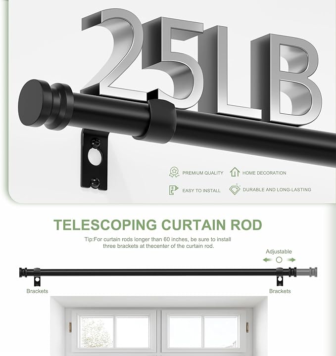 Sturdy Durable Curtain Rod:Black Curtain Rods for Windows 18-45 Inch,Adjustable Heavy Duty Curtains Rod for Bedroom/Kitchen/Dorm/Apartment/Door,Small Modern Decorative Drapery Rods (All-Metal)