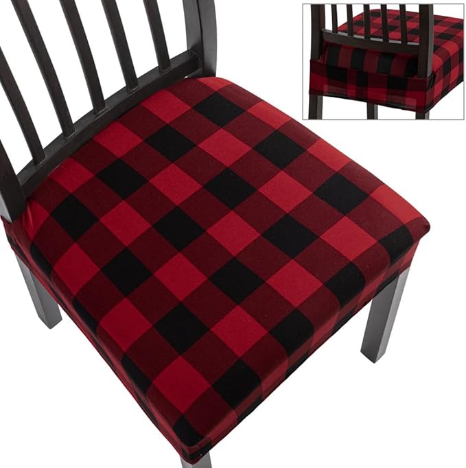 SearchI Christmas Dining Chair Seat Covers Set of 6, Buffalo Plaid Xmas Seat Covers for Dining Chairs, Dining Room Seat Covers for Christmas Decoration(Rear-Covered, Red and Black)