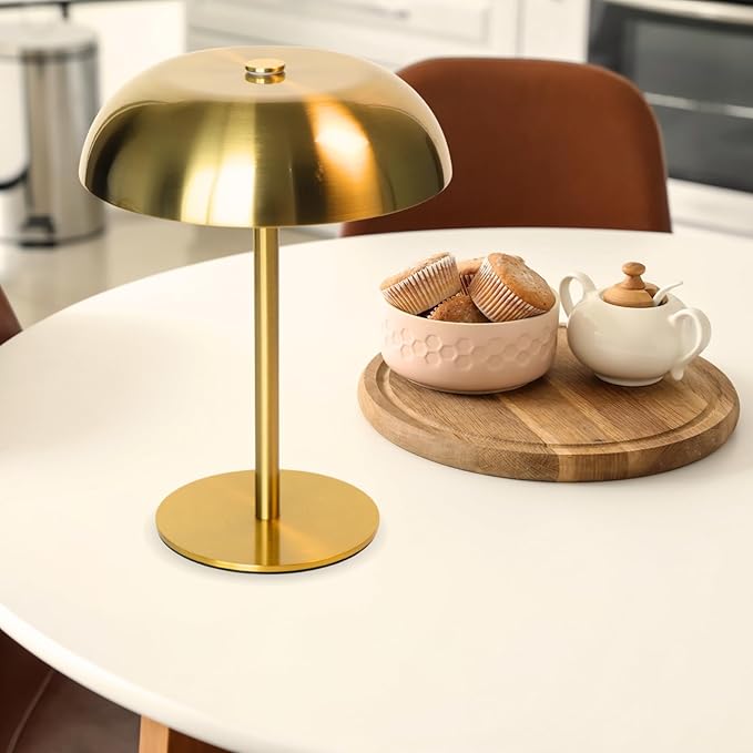 Portable LED Mushroom Table Lamp, Cordless Desk Night Light with 5200mAh Rechargeable Battery, Stepless Dimming Small Lamp with 3 Colors and Brightness Control for Bedroom/Patio/Bar/Coffee shop (Gold)