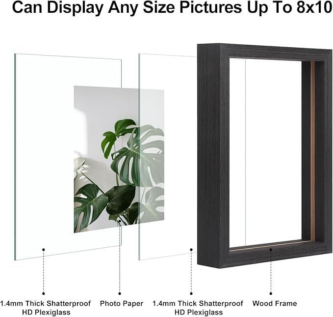 Egofine 8x10 Floating Frames Set of 2, Double Plexiglass Picture Frame, Made of Solid Wood Display Any Size Photo up to 8x10, Wall Mount or Tabletop Standing, Faded Black