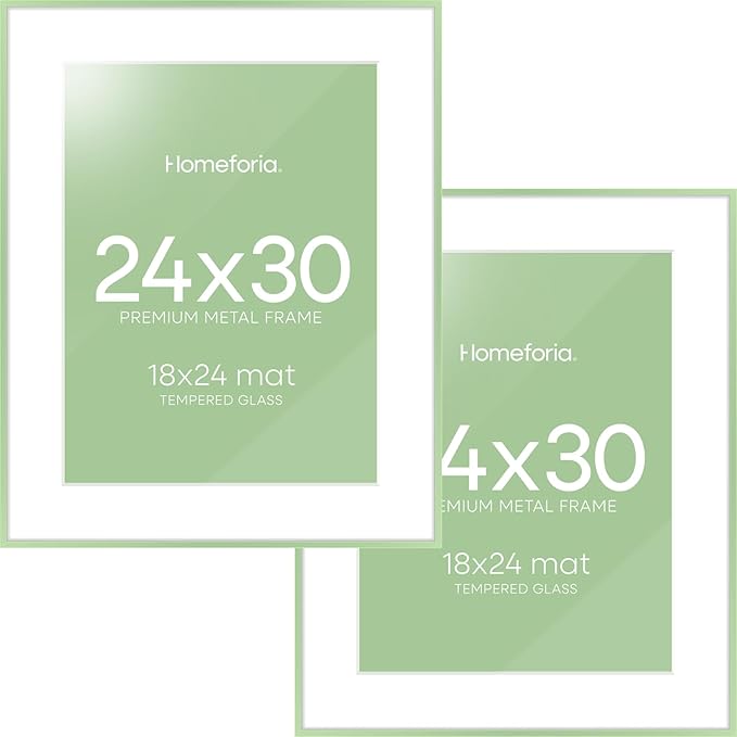 Homeforia 24x30 Frame Sage Green, High End Metal 24x30 Picture Frames with Mat 18x24 Photo, 24 x 30 Sage Green Poster Frame Matted to 18 by 24 Art, 30x24 Thin Frame, Tempered Glass, Wall Kit, Set of 2