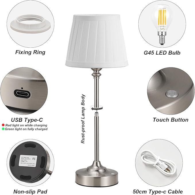Kakanuo Cordless Table Lamp Rechargeable Silver - 1 Pack 4000mAH Battery Operated Lamp for Decor, 3000K Stepless Dimming Touch Control Wireless Lamp for Bedroom, Dining Table, Counter, Living Room