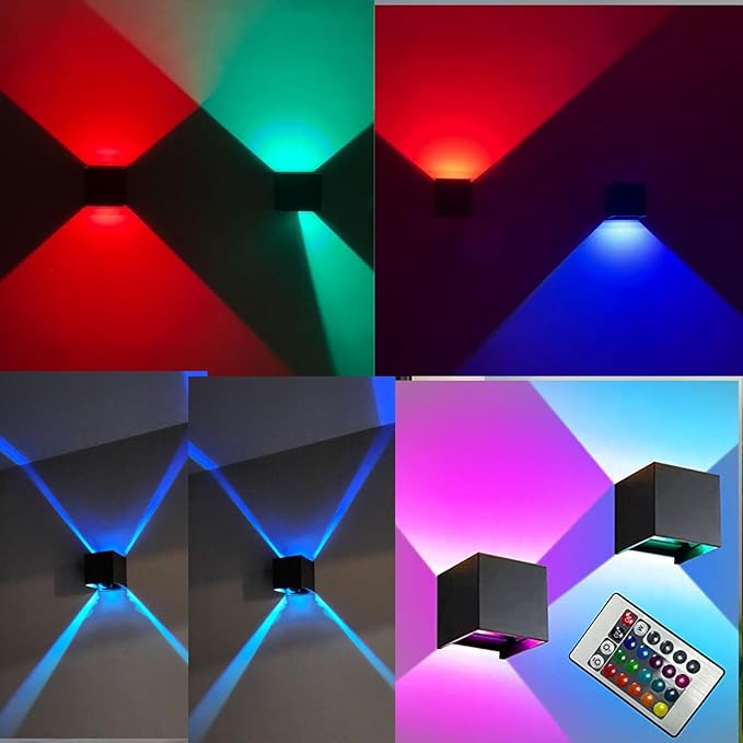 Wrasse RGB Outdoor Wall Sconce Lighting Color Changing Porch Wall Lights RGBW Modern Cube Light 120V Black Up Down Mounted Exterior Wall Sconces Fixtures for House Outside Front Door