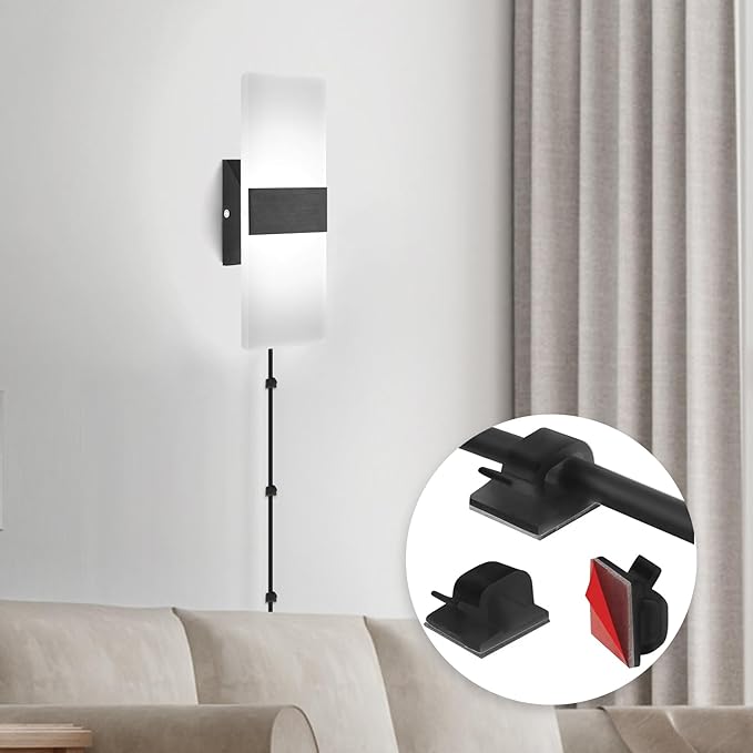 4 Pack Plug in Wall Sconces with Remote Control, Dimmable, Adjustable 3000K-6500K Colors, Black 12W Acrylic LED Plug in Wall Light, Wall Lamps for Bedroom Living Room Hallway Stair