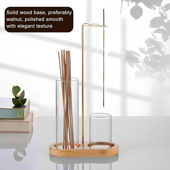 Incense Holder, 2 in 1 for Sticks with Detachable Anti-Ash Flying Incense Burner with Glass Ash Catcher andSticks Organizer Handmade Wooden Tray for Meditation Yoga Room Decor Package