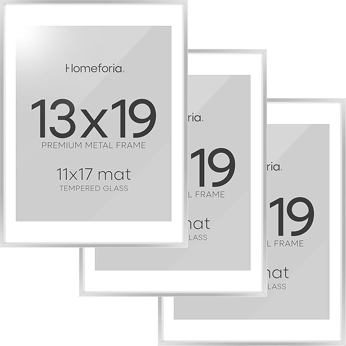 Homeforia 13 x 19 Frame Silver, High End Metal 13 x 19 Picture Frames with Mat 11 by 17 Photo, 13x19 Silver Poster Frame Matted to 11x17 Print, 19x13 Hanging Frames, Tempered Glass, Wall Kit, Set of 3