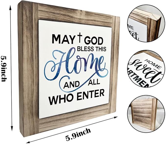 Christian Sign, Box Wood Plaques Desk Décor, Rustic Family Sign, Encouragement Christian Table and Home Decor, Farmhouse Decor for Shelf, May God Bless This Home and All Who Enter Sign
