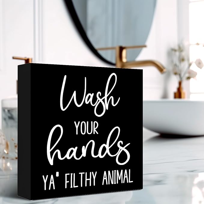 LVQHI Funny Bathroom Wooden Box Signs,Wash Your Hands YA' Filthy Animal Wood Block Sign for Bathroom Shelf Toilet Restroom Home Tabletop Desk Decor,Rustic Toilet Plaque Decor