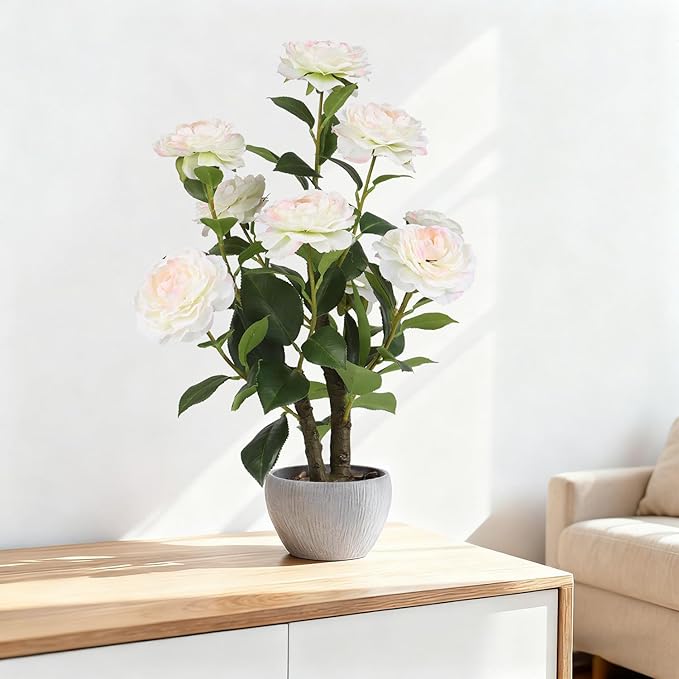 TOARTi Artificial Camellia Potted Plant with Stone Pot, 20.5" Tall Fake Potted Flowers Faux Desk Plant, Realistic Decorative Plants Indoor Decor for for Home Bedroom Bathroom Office Desk