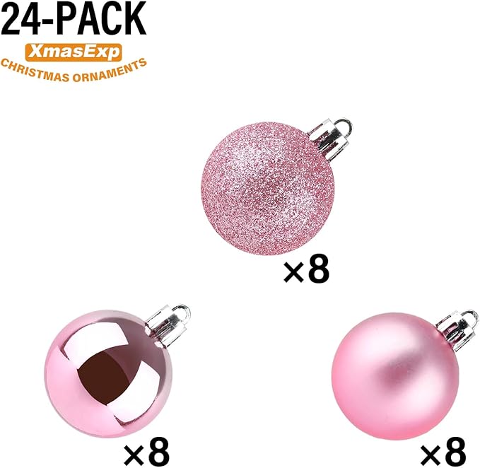 XmasExp 24ct Mini Christmas Ball Ornaments Shatterproof Christmas Ornaments Set Decorations for Xmas Tree Balls 30mm/1.18" (Pink)