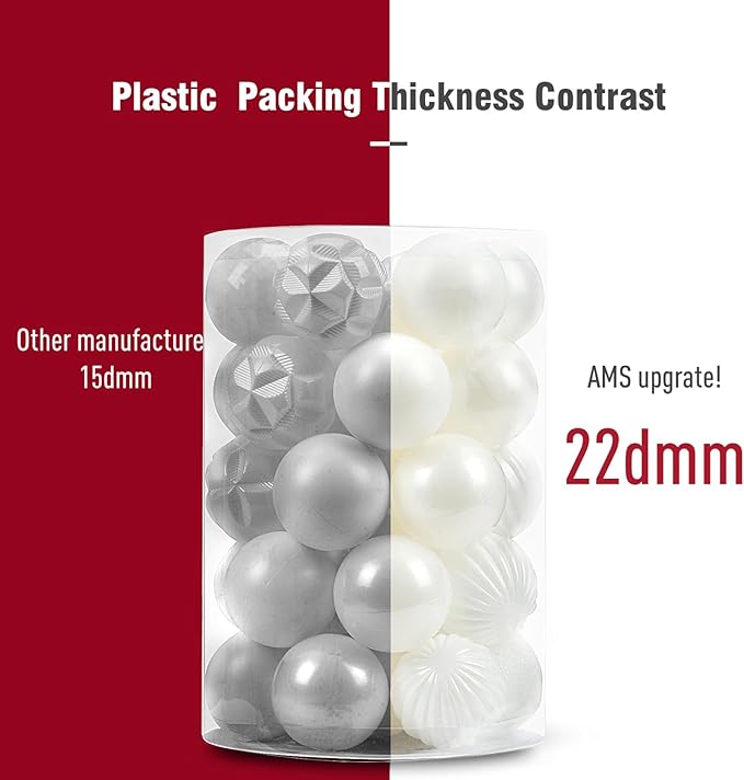 AMS 34ct Christmas Ball Mini Ornaments Party Decorations Shatterproof Festival Pendant Hangings for Xmas Tree Decor(1.57''/40mm, White)