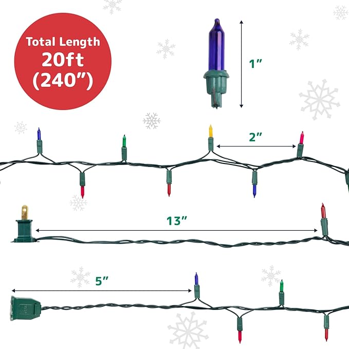 PREXTEX Christmas String Lights with Green Wire - 100 Count, 20 Ft Multicolored Christmas Tree Lights for Xmas Decorations Indoor and Outdoor - Incandescent String Light for Patios, Fences, Holidays