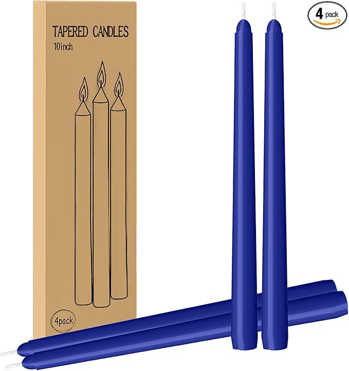 4 Pack Blue Taper Candles - Taper Candles 10 Inch Dripless, Smokeless & Unscented - 8 Hours Long Burning - Ideal for Weddings, Dinner Parties, and Home Decor