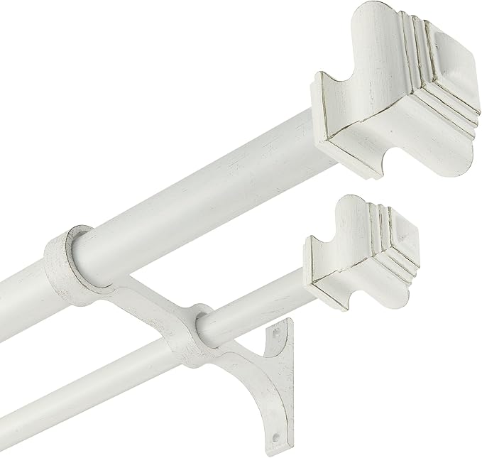 Double Curtain Rods for Windows 36 to 72 Inches, Heavy Duty Double Curtain Rod with Square Retro Finials and Double Aluminum Bracket, Adjustable Double Rod for Curtains,Antique White