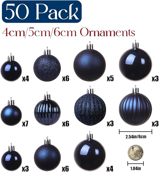 50ct Blue Christmas Ornaments Set, 2025 Shatterproof Christmas Tree Decorations, Christmas Ball Ornament, Vintage Classic Christmas Ornament Bulk for Christmas Decorations Indoor
