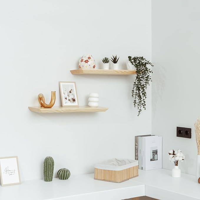 Solid Pine Wood Floating Shelves - Set of 2 (Natural Color) - 24x6.7x1.2 inch - For Bathroom, Bedroom, Living Room Walls