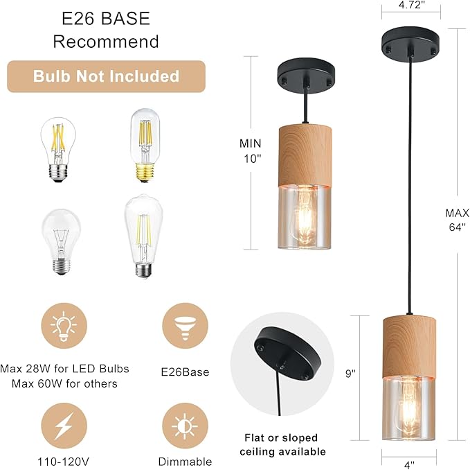 3-Pack Gold Pendant Lights for Kitchen Island, Adjustable Modern Pendant Light Fixtures with Raw Wood Grain, Industrial Amber Glass Pendant Lights for Dining Table Hallway Bedroom Living Room