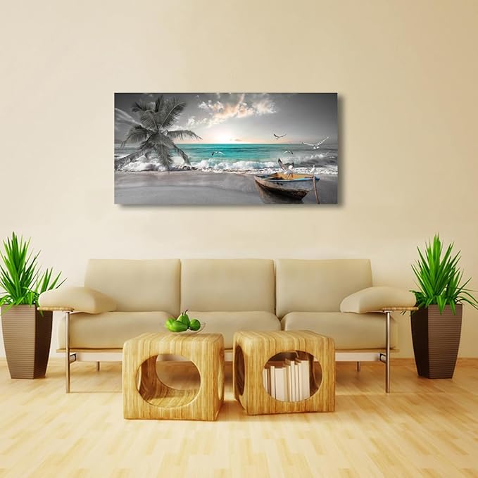 Beach Sea Wave Pictures Canvas Wall Art For Living Room Bedroom Wall Decor,Sea Wave Wall Art Print Paitnings For Home Decor,Morden Artwork Palm Boat Canvas Art Waterproof Ready To Hang-24x48 Inches
