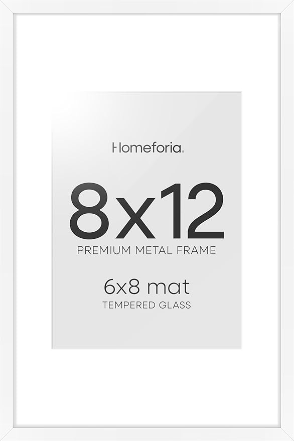 Homeforia 8x12 Picture Frame White, High End Metal 8 x 12 Poster Frames with Mat 6 by 8 for Photo, 12x8 Frame Matted to 6x8 inch Print, 8by12 Wall or Tabletop Frame, Tempered Glass, Wall Kit, Set of 1