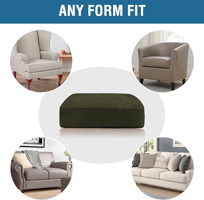 H.VERSAILTEX Velvet Stretch Couch Cushion Cover Plush Cushion Slipcover for Chair Loveseat Sofa Cushion Furniture Protector Seat Cushion Sofa Cover (2 Piece Medium Sofa Cushion Covers, Olive)