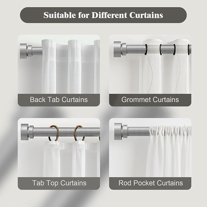 Oneach 2-Pack Heavy Duty Curtain Rods for Windows 28 to 48 Inch, 1 Inch Pole Adjustable Curtain Rod with Easy Installation and Modern Design (Silver, 16 to 60 Inch)