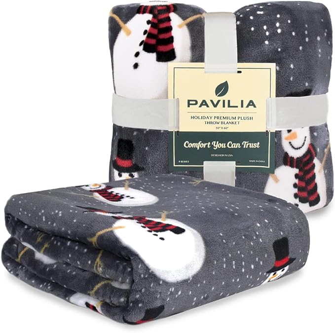 PAVILIA Christmas Snowman Throw Blanket | Grey Christmas Fleece Blanket | Soft, Plush, Warm Winter Cabin Throw, 50x60 (Grey Snowman)