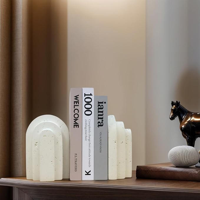 Decorative Book Ends for Shelves - Boho Aesthetic Bookends Decor - Heavy Duty Travertine Book Stopper Holder for Home Office Desk Coffee Table, Gifts for Book Lovers (Light Yellow)