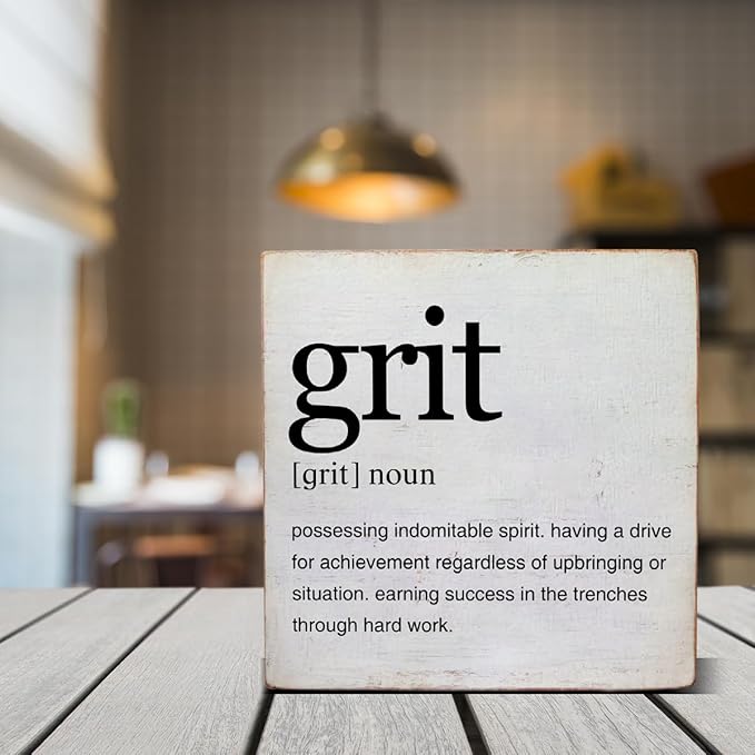 Motivational Grit Gift Grit Definition Art Quotes Wooden Box Sign Desk Decorative Wooden Sign Home Decor for Table Shelf 5 x 5 Inches