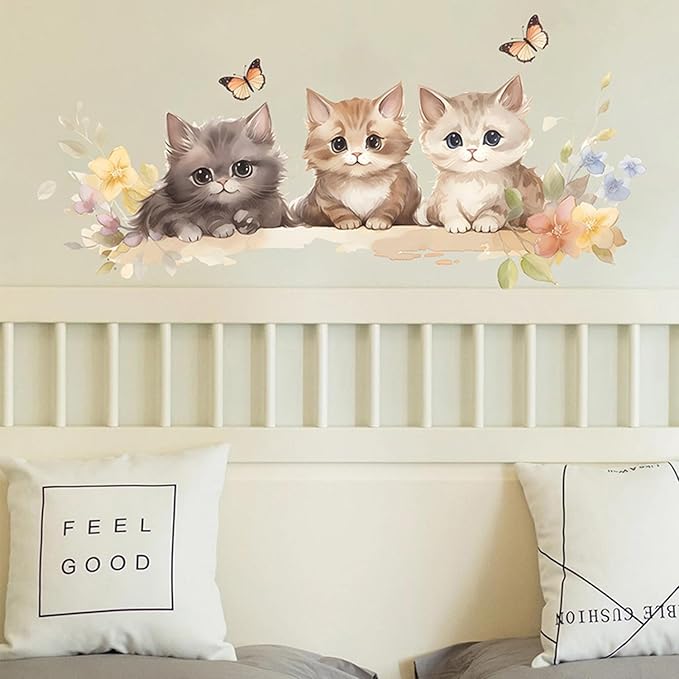 Cute Cat Wall Decals – Watercolor Kitten Wall Stickers with Flowers and Butterflies, Removable Vinyl Wall Art for Bedroom, Living Room, Office, or Home Decoration