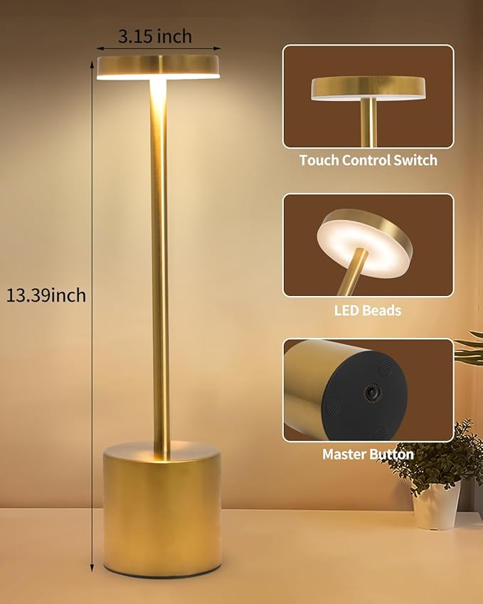 2 Pack LED Cordless Table Lamp, Portable 5000mAh Rechargeable Bedside Lamp, Touch Control Outdoor Table Lamps, 3 Color Dimmable Battery Operated Lamps for Bedroom//Restaurant/ Patio/ Outdoor - Gold