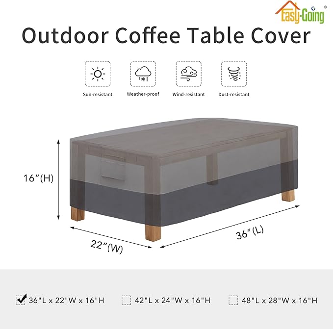 Easy-Going Patio Coffee Table Cover Small Outdoor Rectangular Table Cover, UV Resistant Waterproof Patio Furniture Ottoman Cover (36" Lx22 Wx16 H, Gray/Dark Gray)