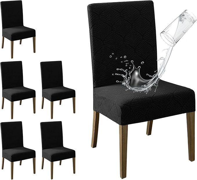 MOSAYT 100% Waterproof Dining Room Chair Covers Set of 6, Super Fit Stretch Jacquard Parson Chairs Slipcovers Removable Washable Chair Seat Protectors for Home, Kitchen, Banquet (Black)