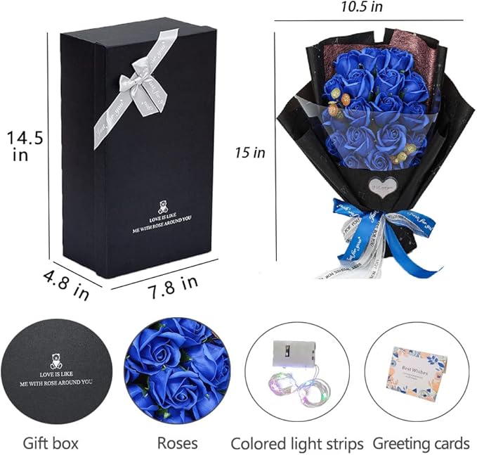 EIGHTOWN Roses Bouquet Artificial Flower - Preserved Blue Rose Flowers with Love Necklace for Her - Unique Gifts Valentine's Day, Mother's Day, Thanksgiving, Birthday, Anniversary