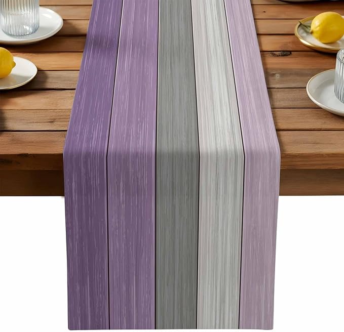 Farmhouse Cotton Linen Table Runner Dresser Scarf Retro Rustic Barn Wood Texture Ombre Lavender Purple Gray Non-Slip Rectangle Settings Decoration for Kitchen Home Dining Holiday, 18x72 inch