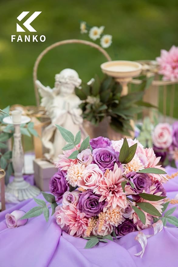 FANKO Rose Artificial Flowers Combo for DIY, Fake Purple Rose Silk Flowers Greenery, Faux Flowers for Wedding Bridal Bouquet, Baby Shower, Table Centerpieces, Floral Arrangement, Party Home Decoration