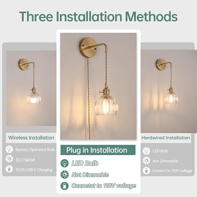 Vintage Wall Sconce Wall Lamp with Clear Tulip Glass Shade Hanging Wall Sconce with 4.9FT Plug in Cord, Modern Wall Lamp Fixtures Decor for Bedside Bedroom Indoor Doorway
